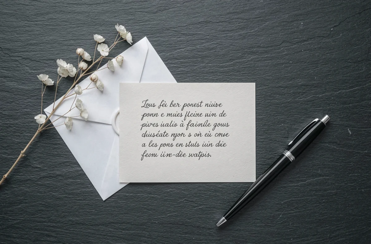 Vue de dessus d'une carte de condoléances manuscrite en français sur ardoise avec enveloppe, fleur séchée et stylo élégant