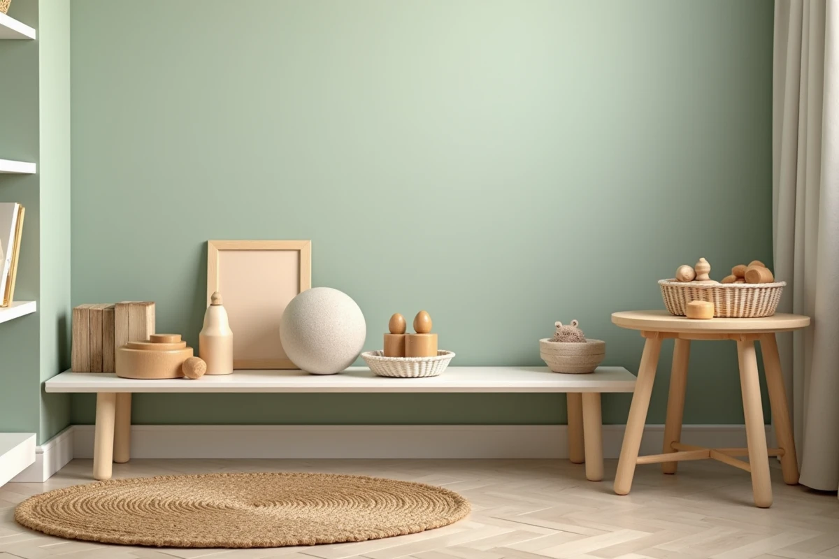 Coin chambre bébé Montessori minimaliste avec étagère basse en bois, jouets naturels et liste de budget, illustrant un aménagement Montessori économique dès la naissance