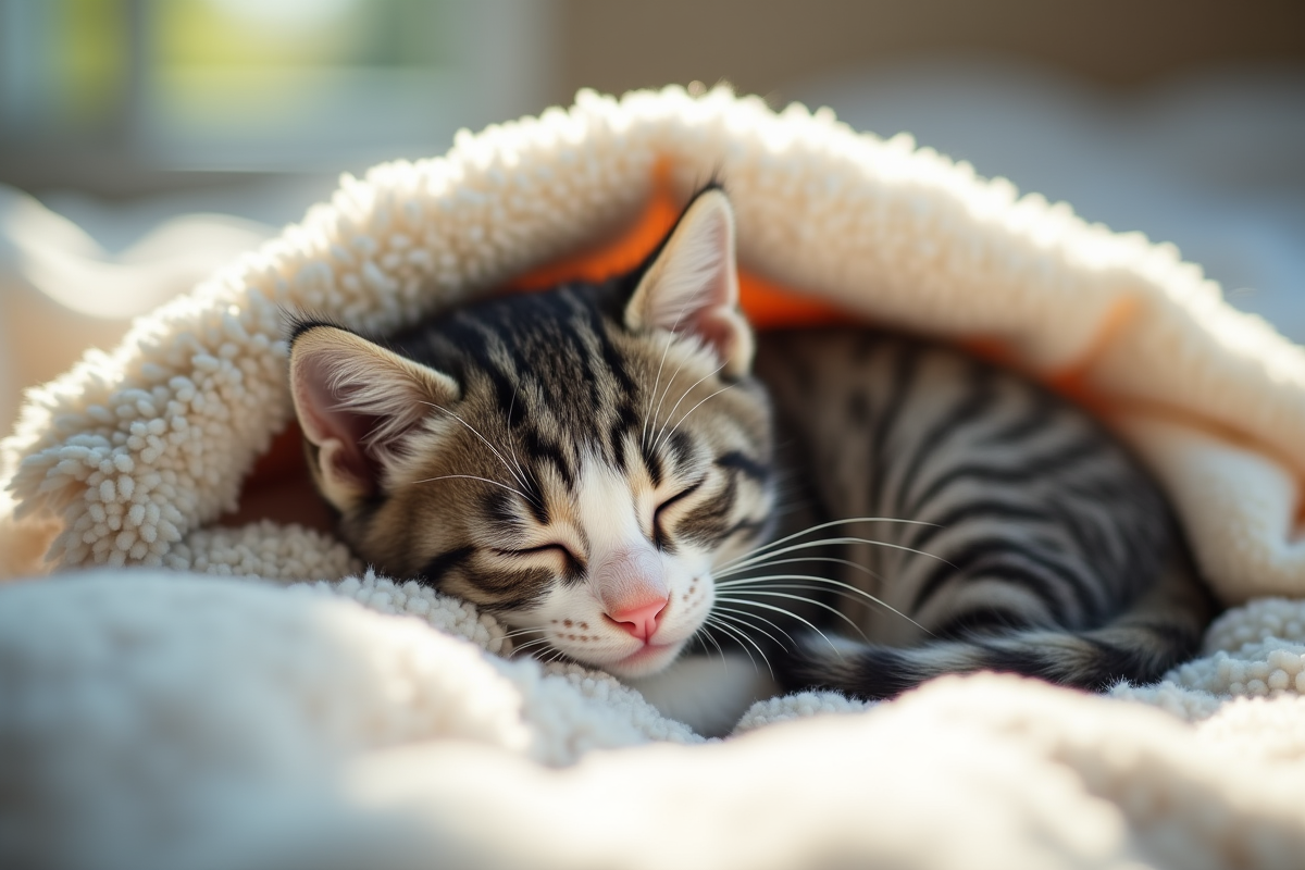 Chaton gris et blanc endormi dans une couverture