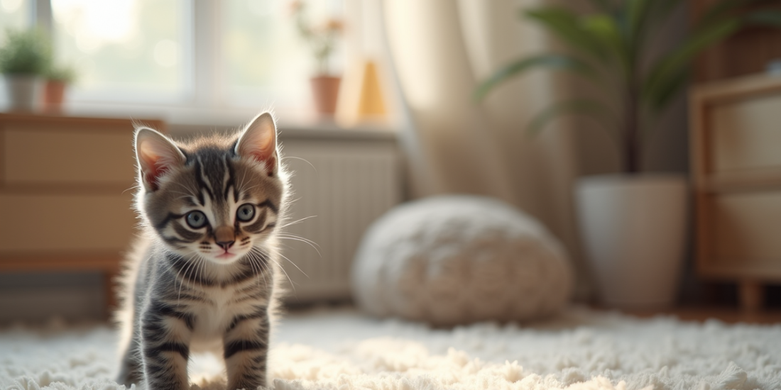 Chaton gris et blanc explorant un salon cosy