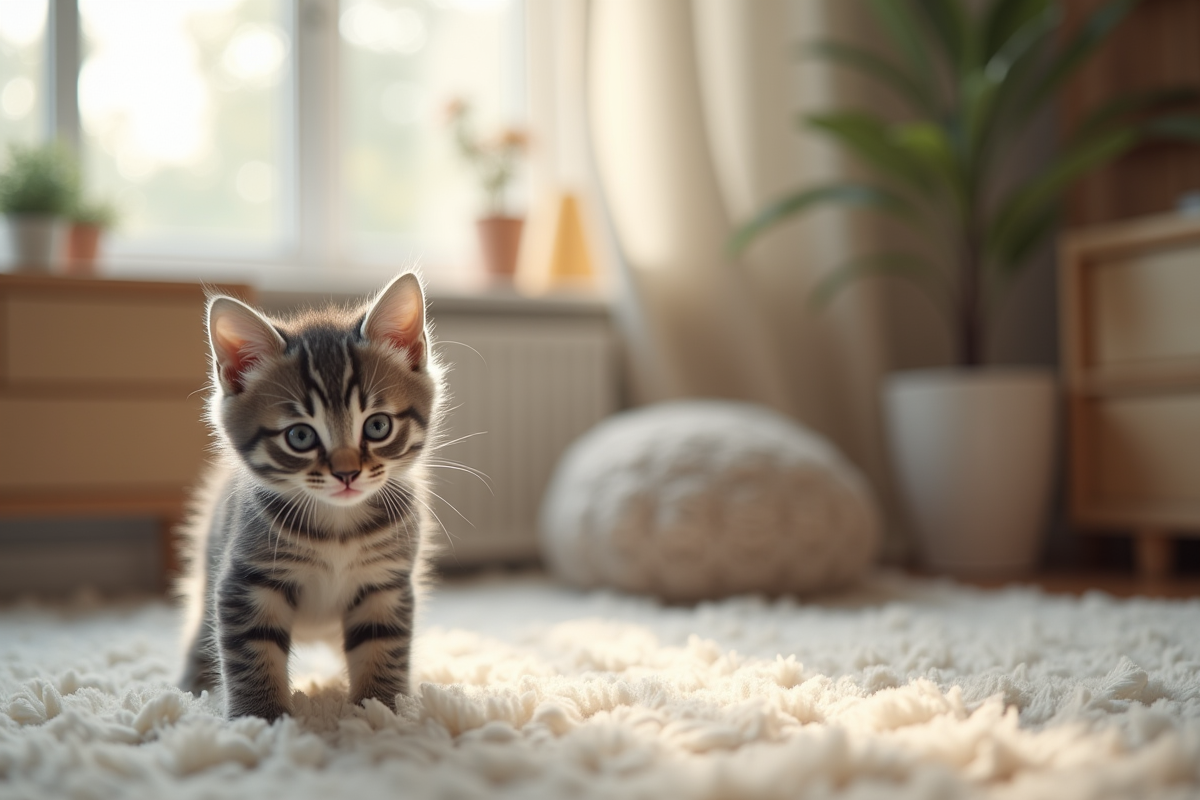 Chaton gris et blanc explorant un salon cosy