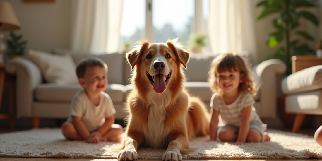Jeune chien australien avec enfants dans un salon lumineux