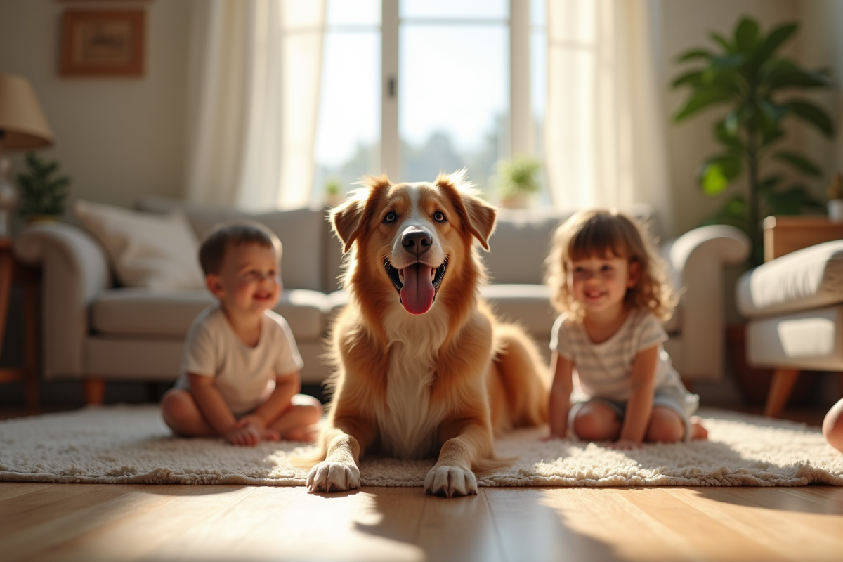 Jeune chien australien avec enfants dans un salon lumineux