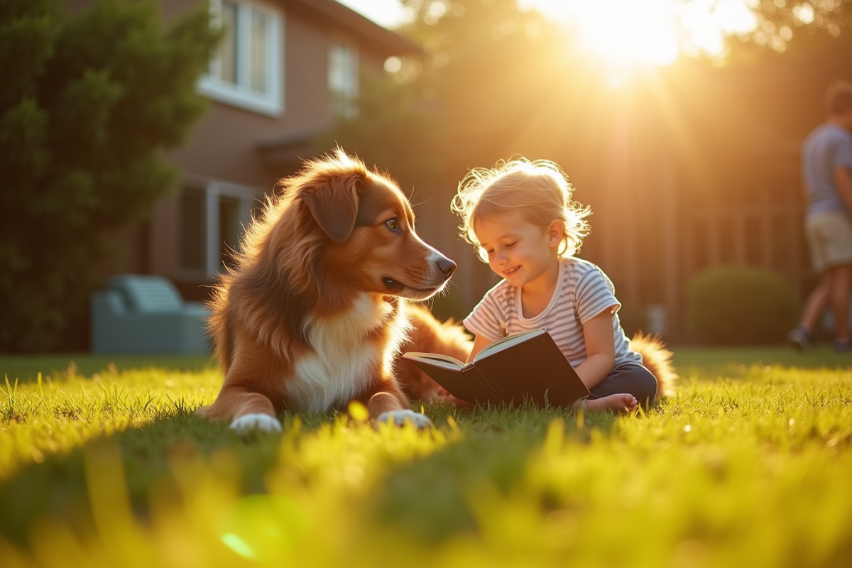 Chien australien couché dans le jardin au soleil avec un enfant lisant