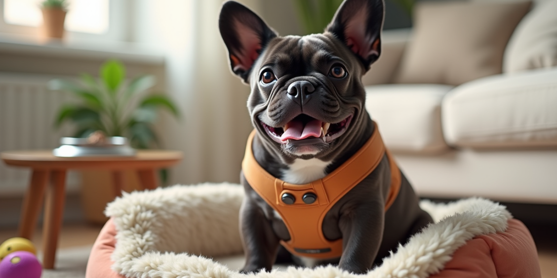 Bulldog français exotique assis sur un lit confortable dans un salon lumineux