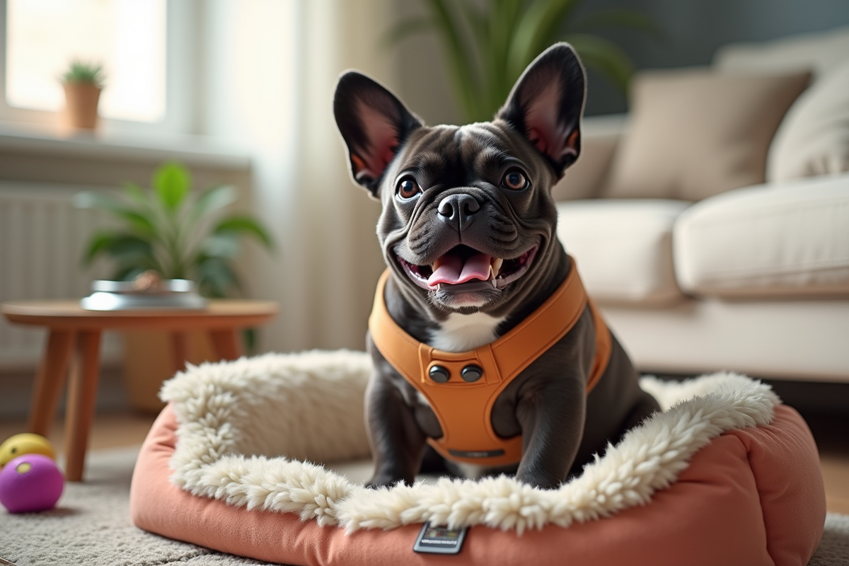 Bulldog français exotique assis sur un lit confortable dans un salon lumineux