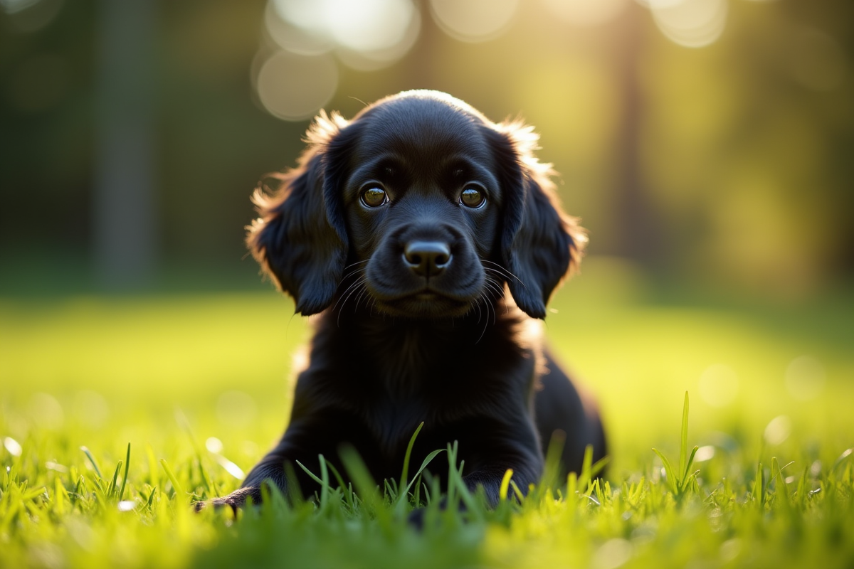 Chiot cocker noir dans un parc ensoleille