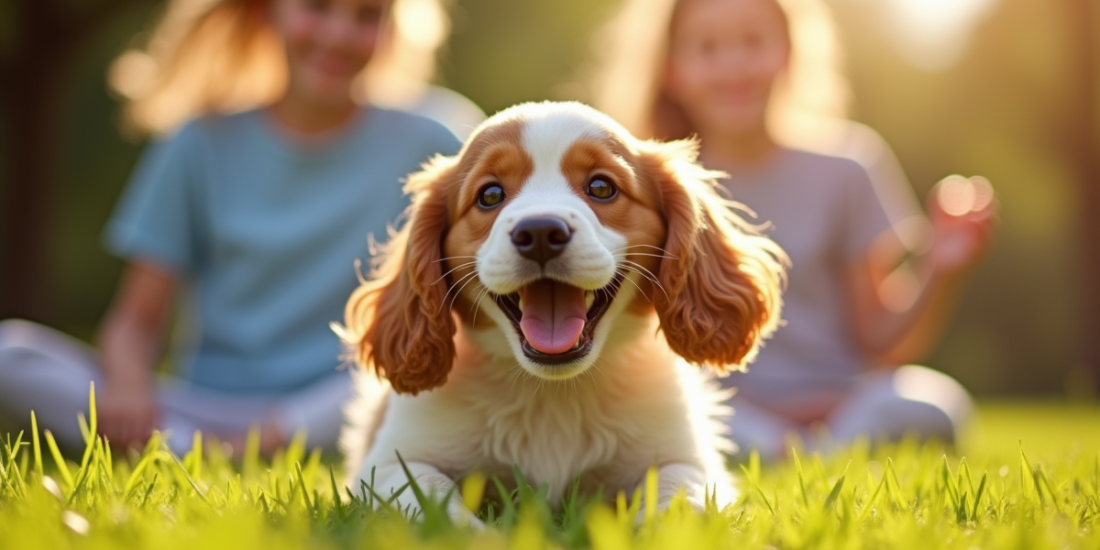 Chiot cocker spaniel jouant dans le jardin ensoleille
