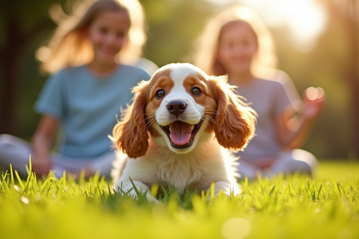 Chiot cocker spaniel jouant dans le jardin ensoleille