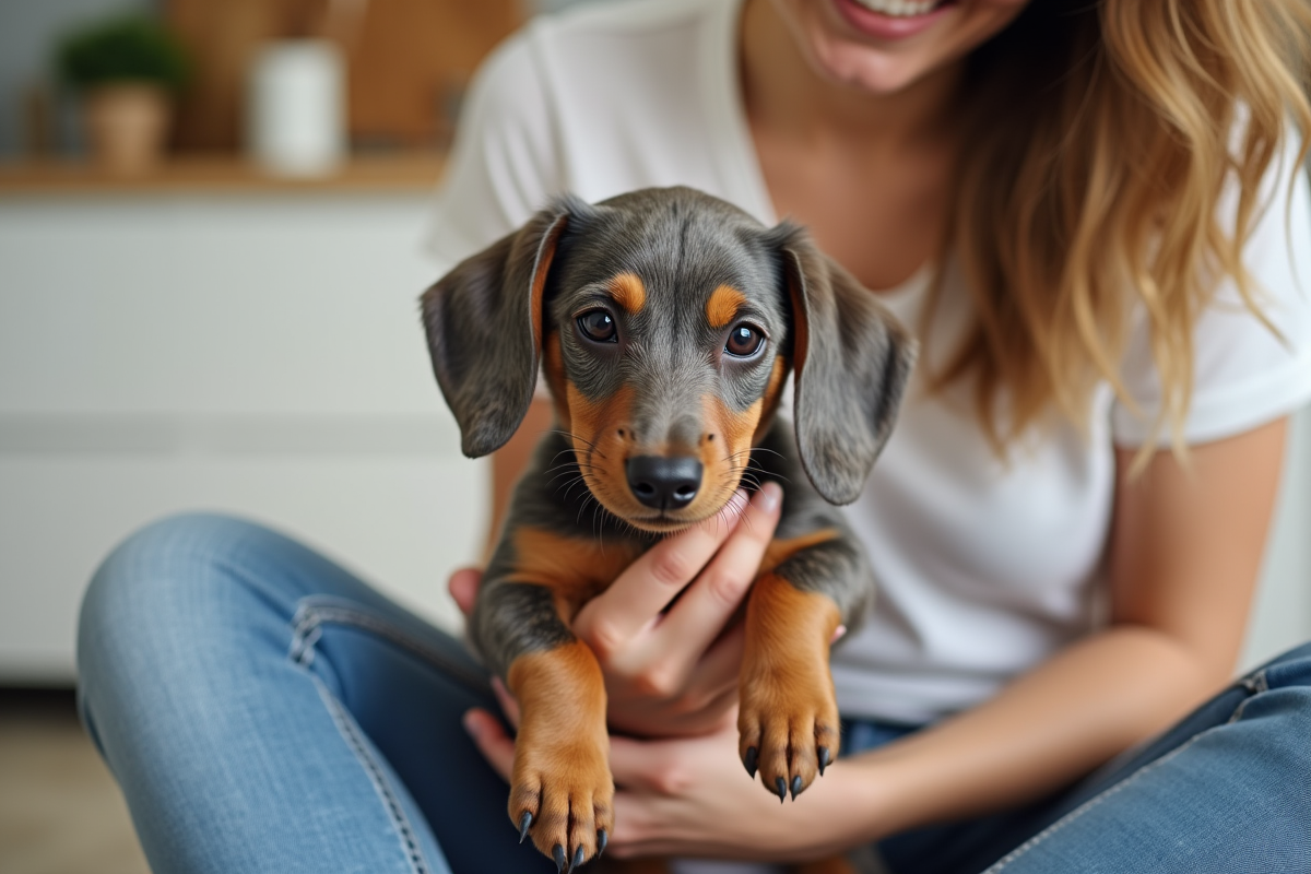 Chiot dachshund dans les bras d