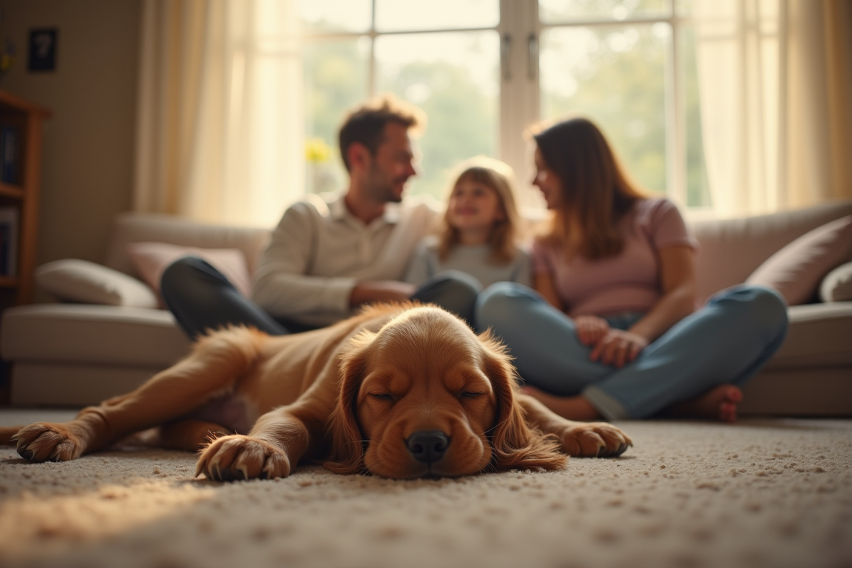 Chiot cocker spaniel dormant dans le salon chaleureux