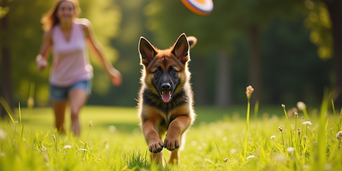 Chiot berger allemand courant dans un parc ensoleille