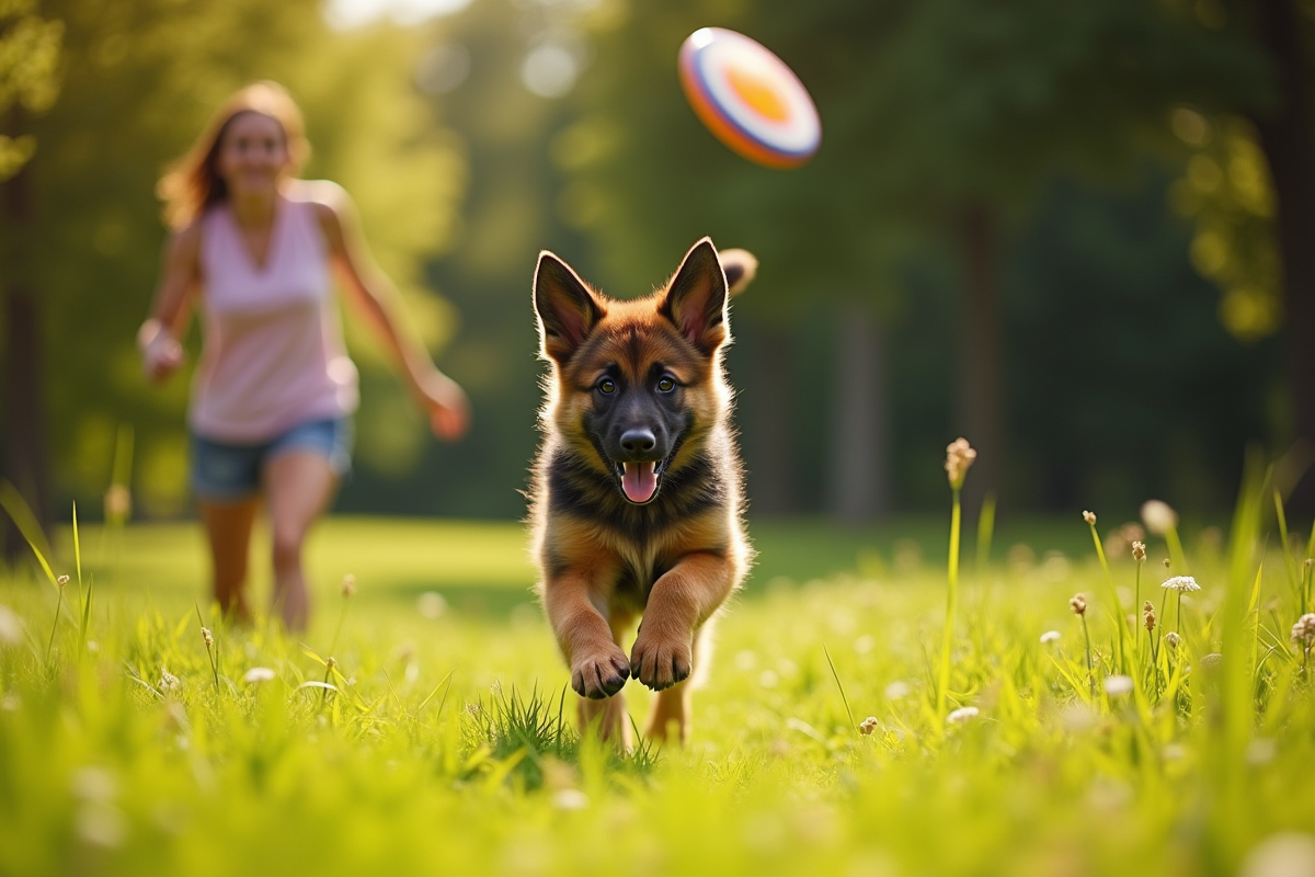 Chiot berger allemand courant dans un parc ensoleille