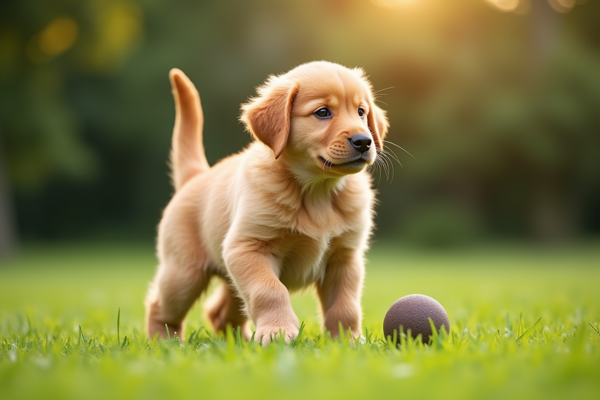 Chiot golden retriever dans un jardin avec balle en plein air