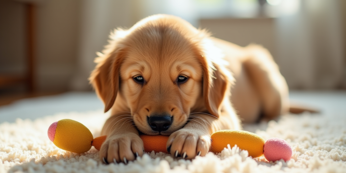 Chiot golden retriever jouant avec un jouet coloré sur un tapis