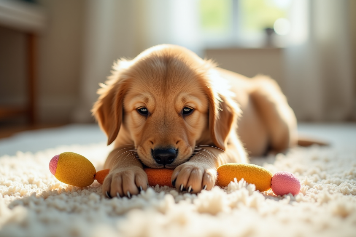 Chiot golden retriever jouant avec un jouet coloré sur un tapis
