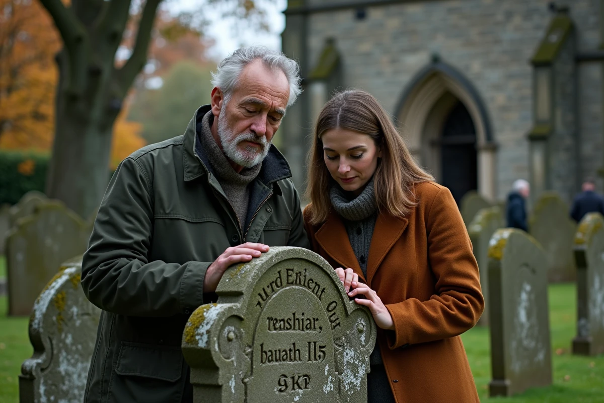 Un homme et une jeune femme lisent une vieille pierre tombale dans un cimetière pour retrouver un ancien nom de famille de leurs ancêtres