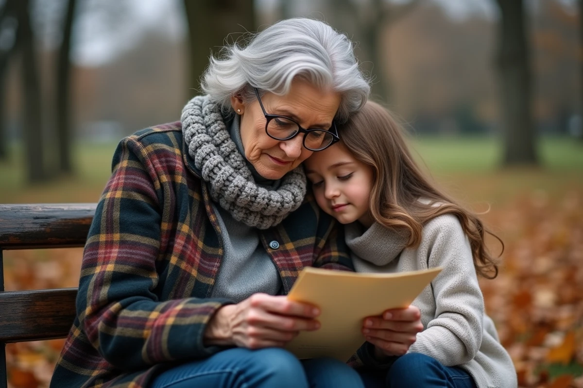 Grand-mère et sa fille adulte assises sur un banc en automne, partageant une lettre manuscrite pleine d'amour maternel