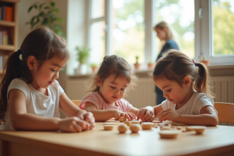 Enfants en classe Montessori en pleine activité d'apprentissage