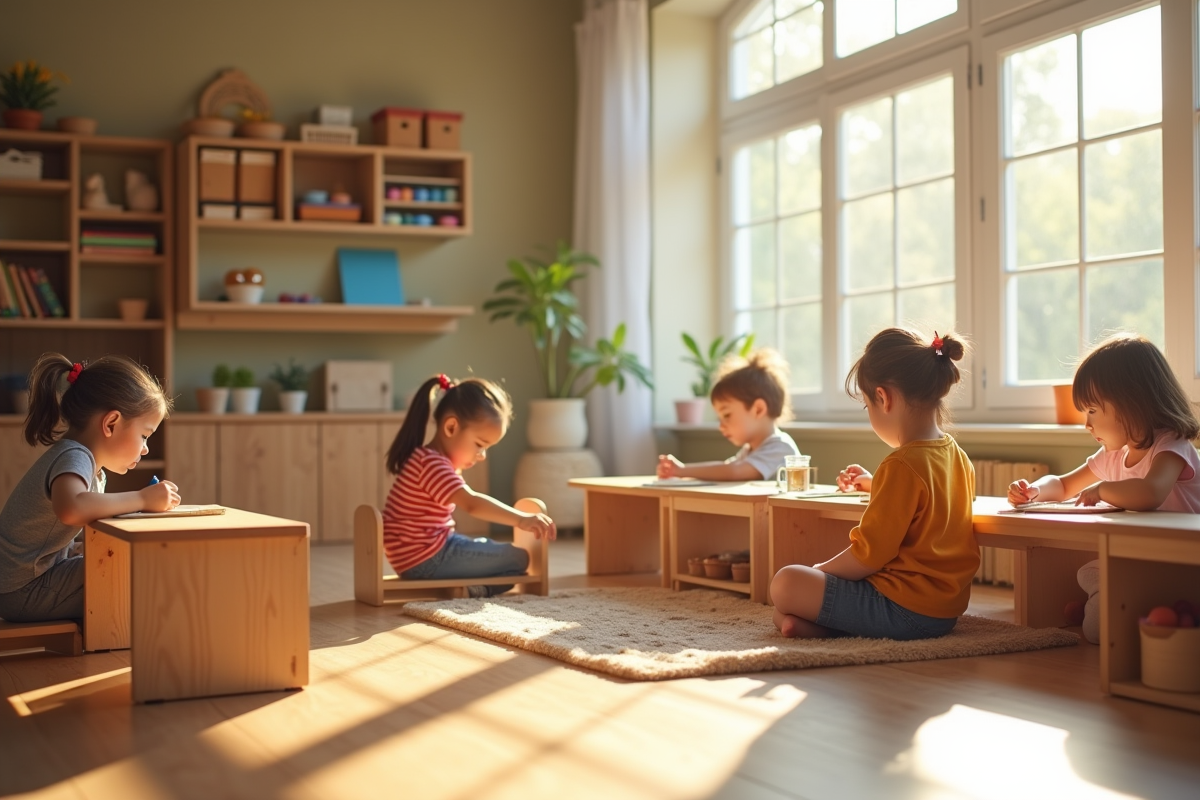 Salle Montessori avec enfants travaillant seul en journée
