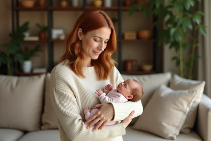 Collectionneuse tenant délicatement un bébé reborn en silicone dans un salon cosy
