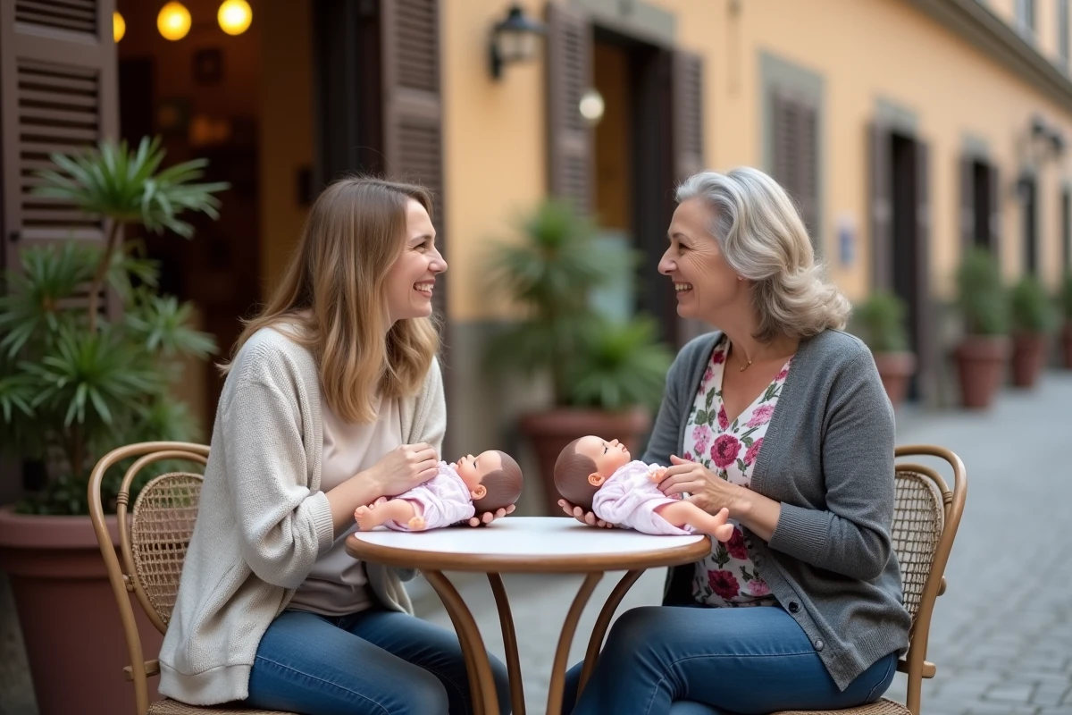 Deux collectionneuses de bébés reborn en silicone réunies en plein air autour d'une table de café