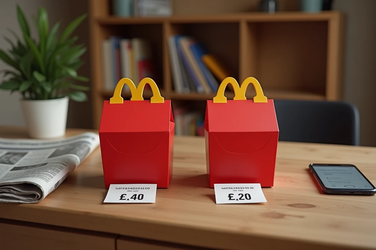 Comparaison de deux boîtes Happy Meal avec étiquettes de prix différents selon les villes sur une table