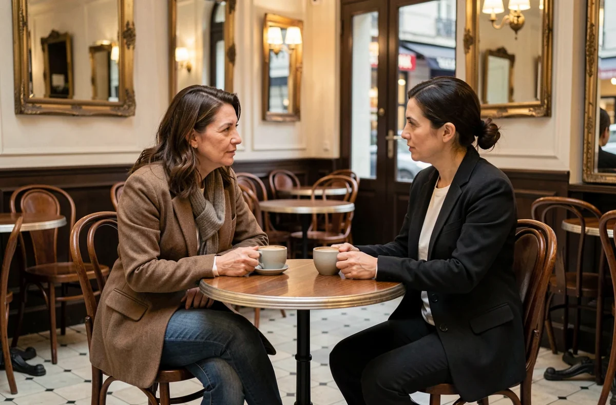 Deux femmes en conversation authentique dans un café parisien classique, ambiance intimiste et naturelle