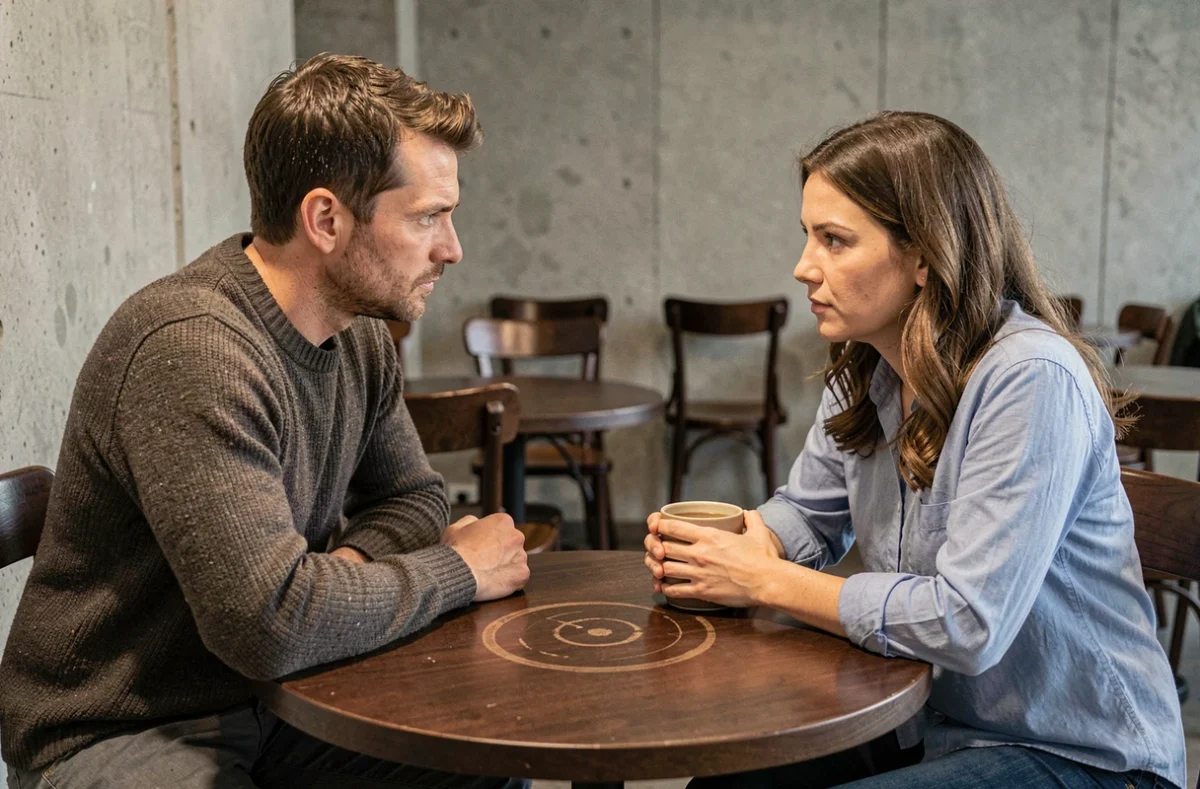 Un homme et une femme du même âge attablés dans un café, engagés dans une conversation sérieuse évoquant une relation fraternelle complexe et des révélations familiales