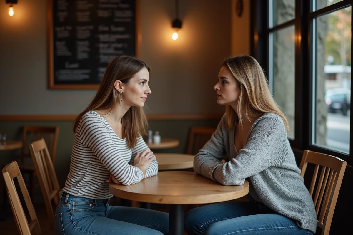 Deux femmes en conversation sérieuse dans un café parisien, évoquant les limites de l'exposition personnelle et la confidentialité
