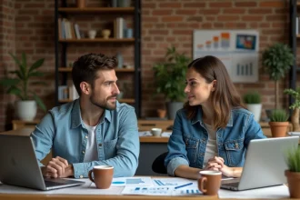 Un couple en discussion dans un appartement cosy avec table et laptops