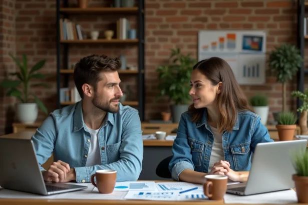 Un couple en discussion dans un appartement cosy avec table et laptops