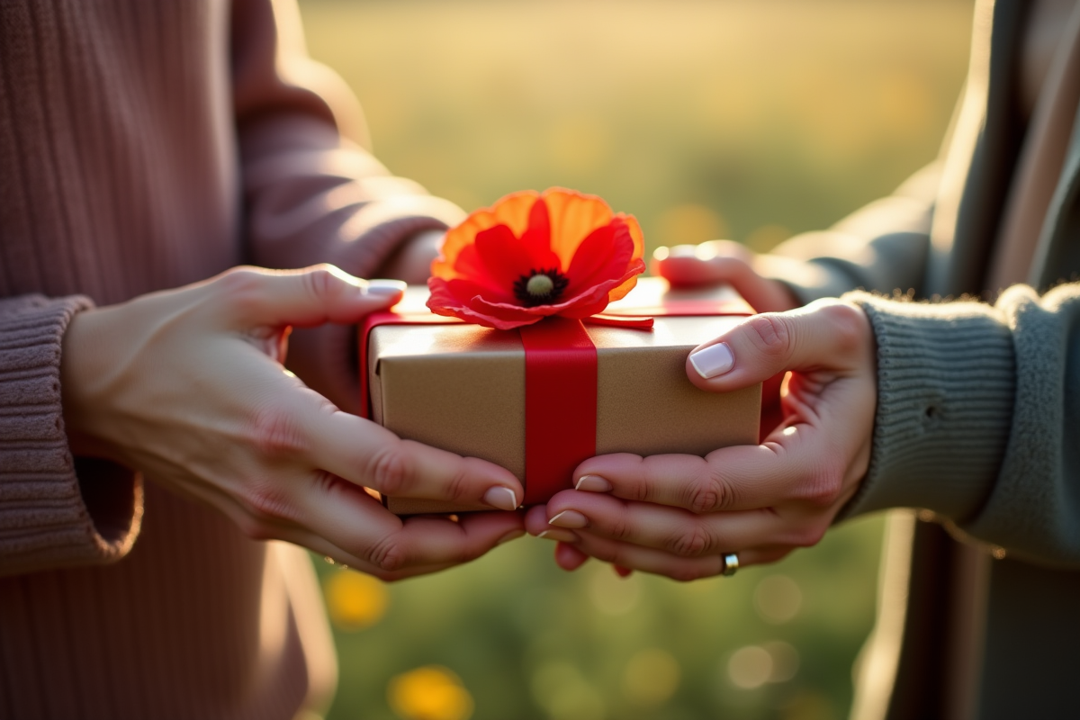 Couple échangeant un cadeau avec une fleur de pavot rouge