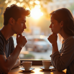 Jeune couple au café en réflexion avec tension