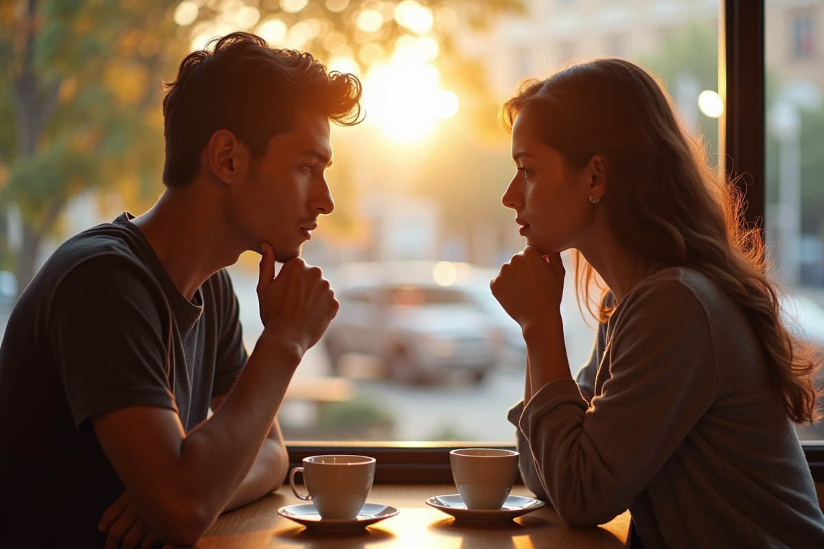 Jeune couple au café en réflexion avec tension