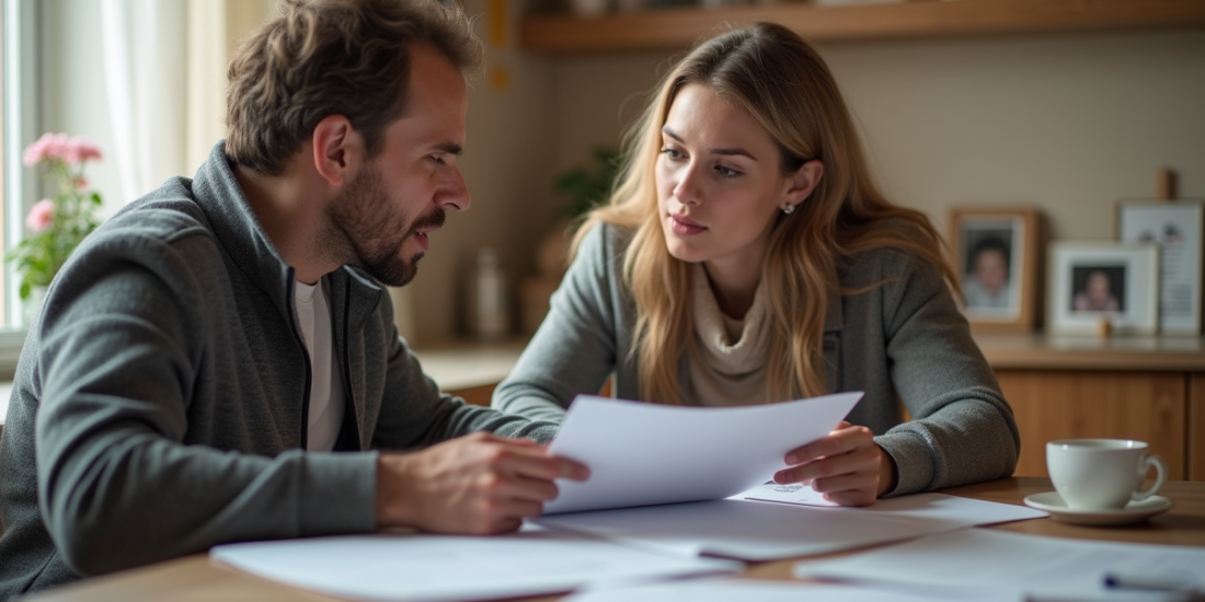 Couple pensif discutant de finances à la maison
