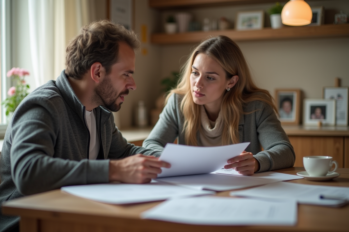 Couple pensif discutant de finances à la maison