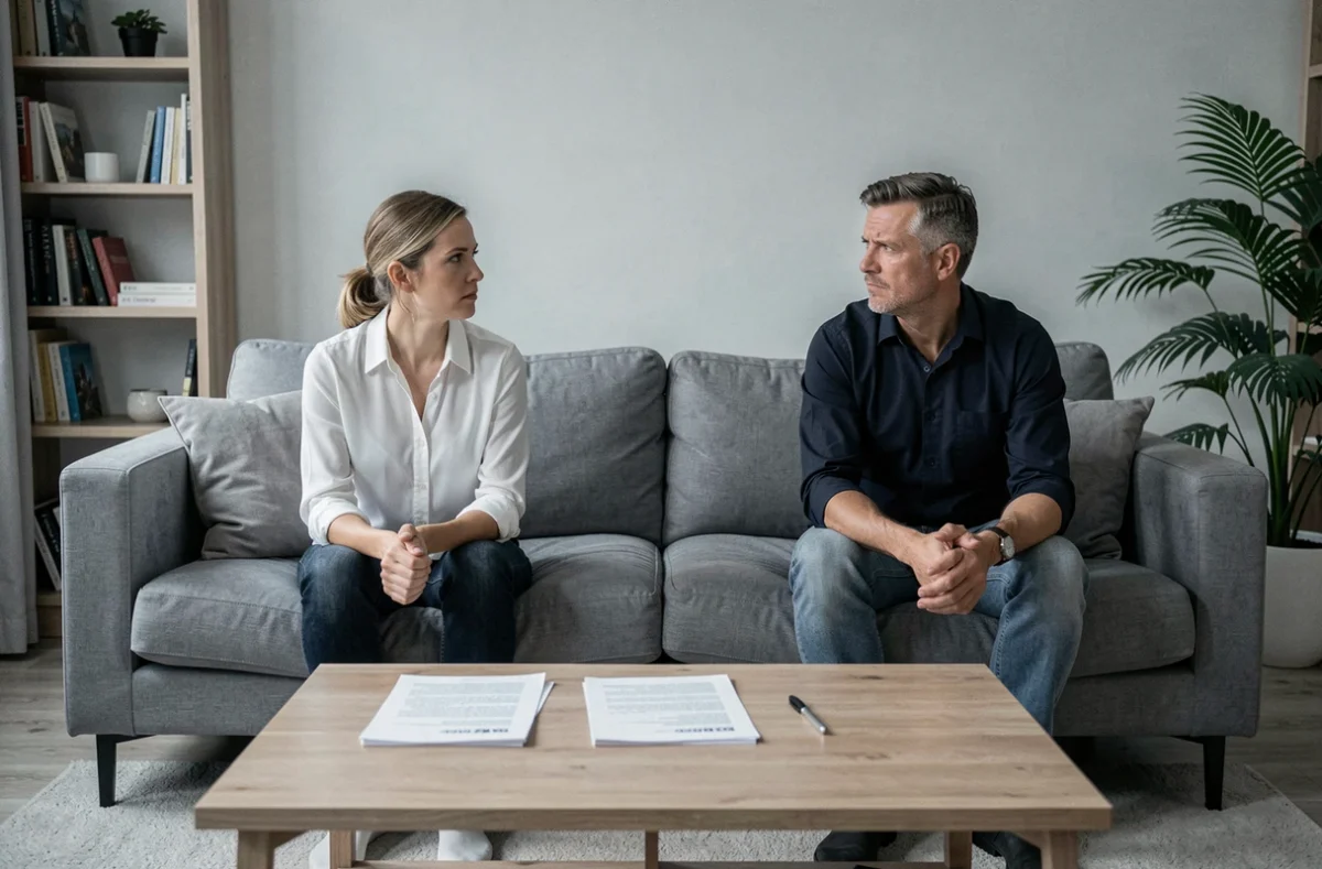 Couple en conflit assis à distance sur un canapé avec des documents de divorce entre eux, illustration des séparations conjugales en France