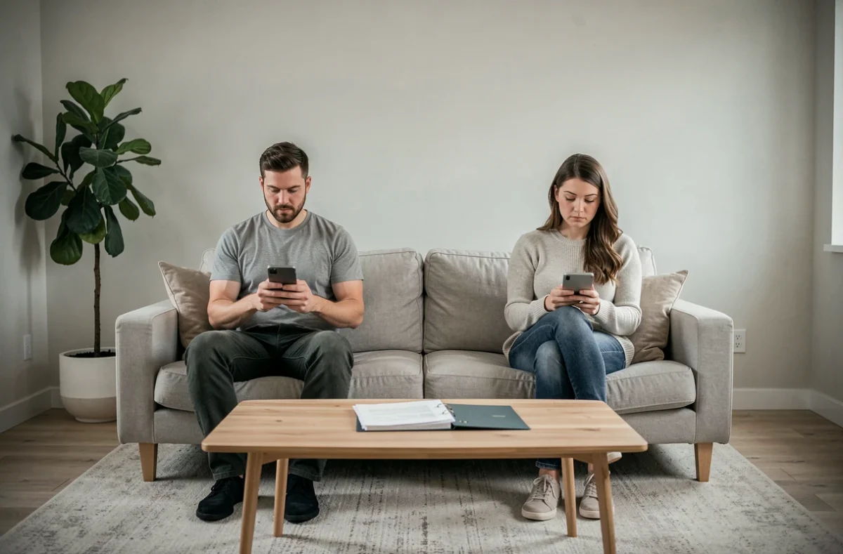 Couple en instance de divorce consultan leur téléphone et des documents juridiques dans un salon épuré, symbole de la procédure de divorce en ligne