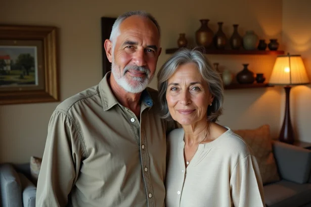 Couple franco-algérien posant dans un salon mêlant décoration algérienne et française, évoquant les origines mixtes et la culture familiale