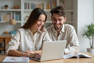 Jeune couple consultant une liste de naissance en ligne sur un ordinateur portable dans un appartement moderne
