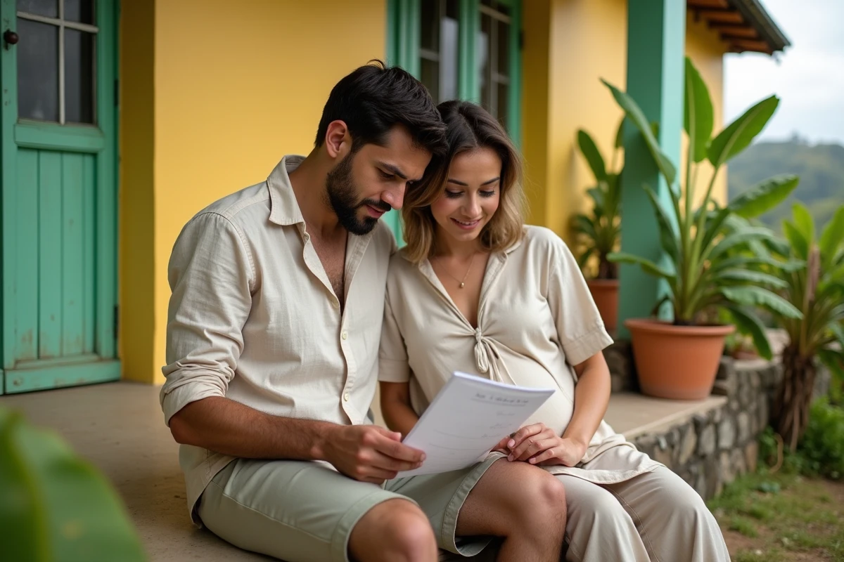 Couple martiniquais enceinte choisissant un prénom traditionnel devant une maison créole colorée en Martinique