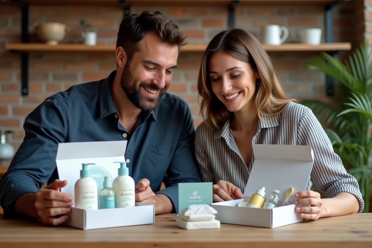 Couple de nouveaux parents examinant plusieurs coffrets naissance gratuits de marques sur une table de cuisine