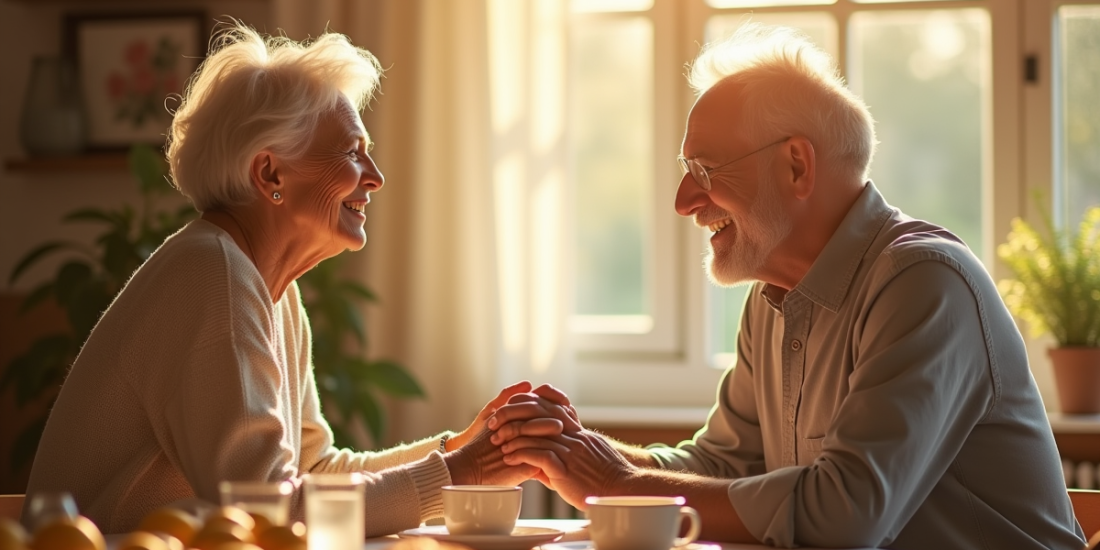 Couple d'âge moyen souriant lors d'un petit déjeuner en lumière naturelle