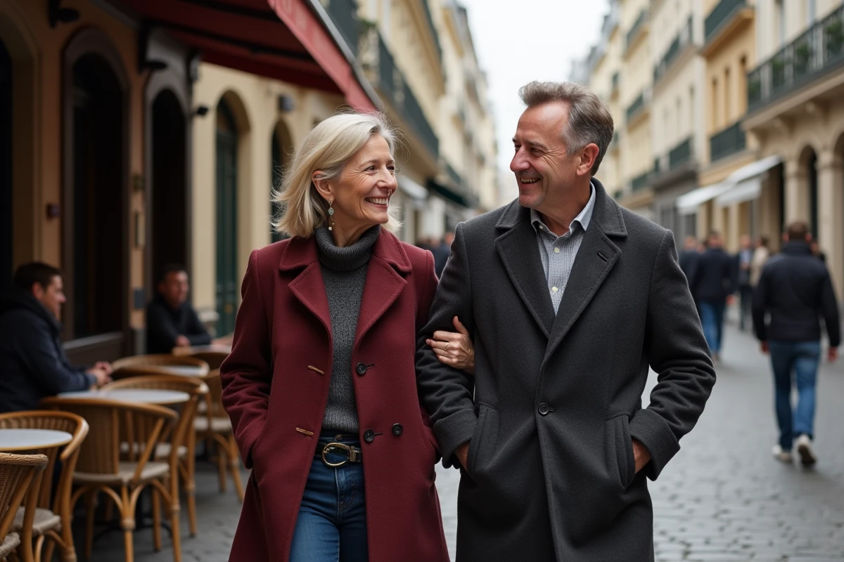 Couple élégant se promenant dans une rue parisienne pavée en automne, complicité et tendresse naturelle