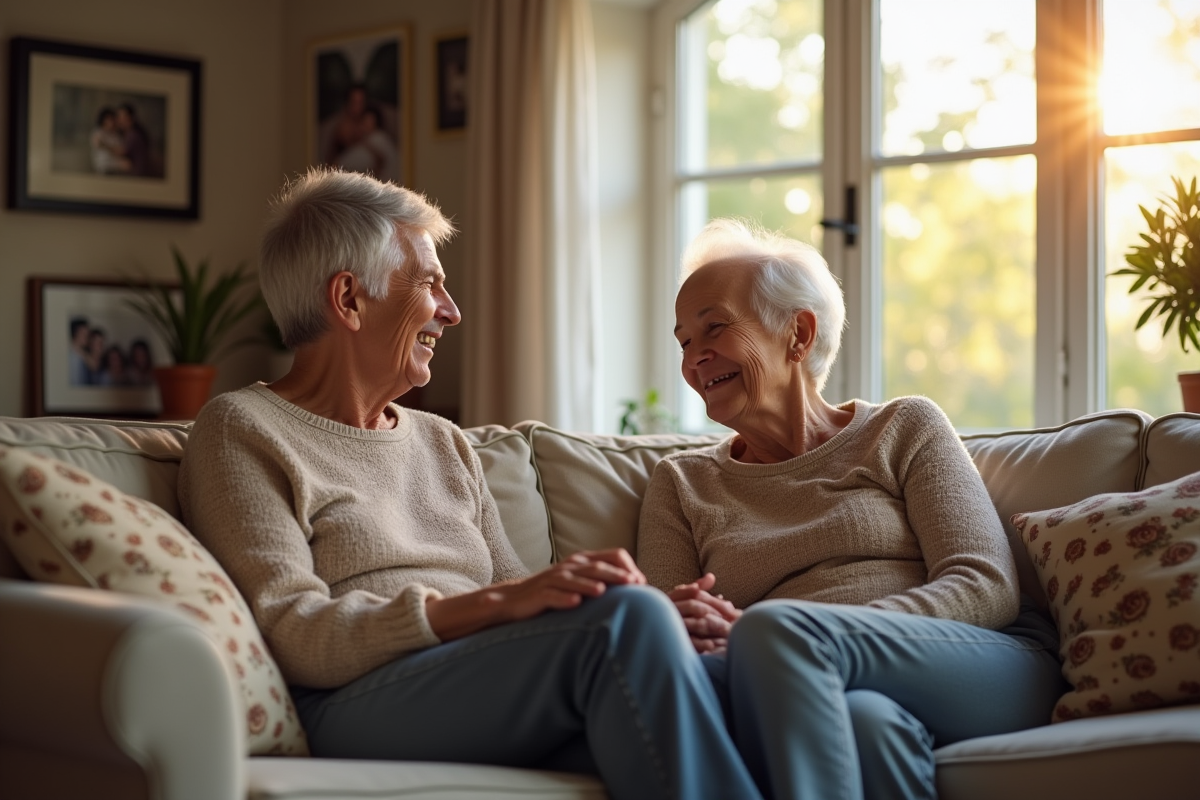 Couple senior souriant dans un salon lumineux