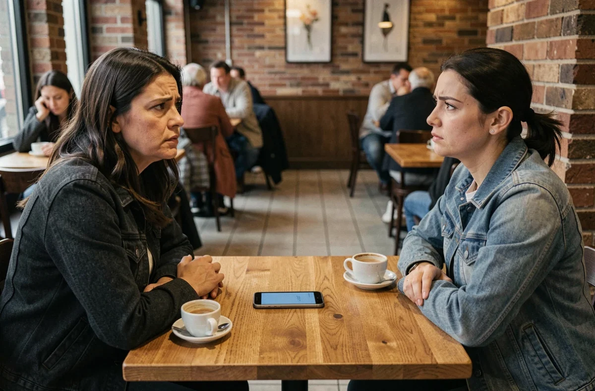 Couple en tension dans un café avec un smartphone posé entre eux, symbolisant la méfiance et la surveillance dans la relation
