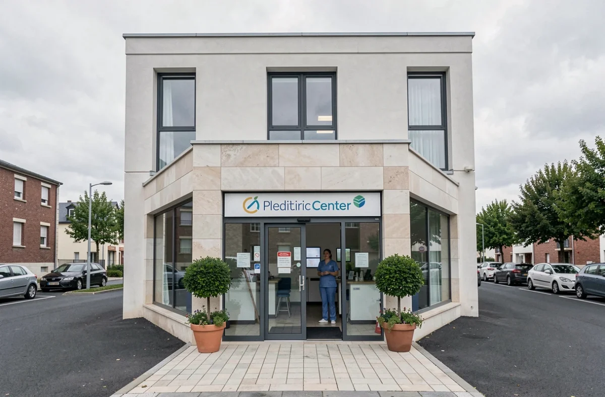 Façade extérieure d'un centre pédiatrique médical moderne à Sarcelles, avec entrée vitrée professionnelle et personnel visible