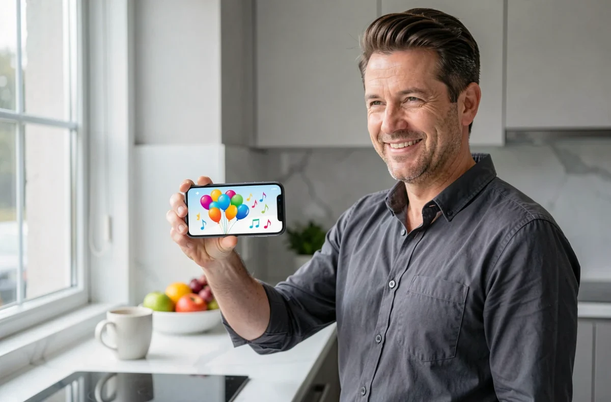 Homme tenant un smartphone affichant une carte anniversaire animée musicale colorée dans une cuisine moderne
