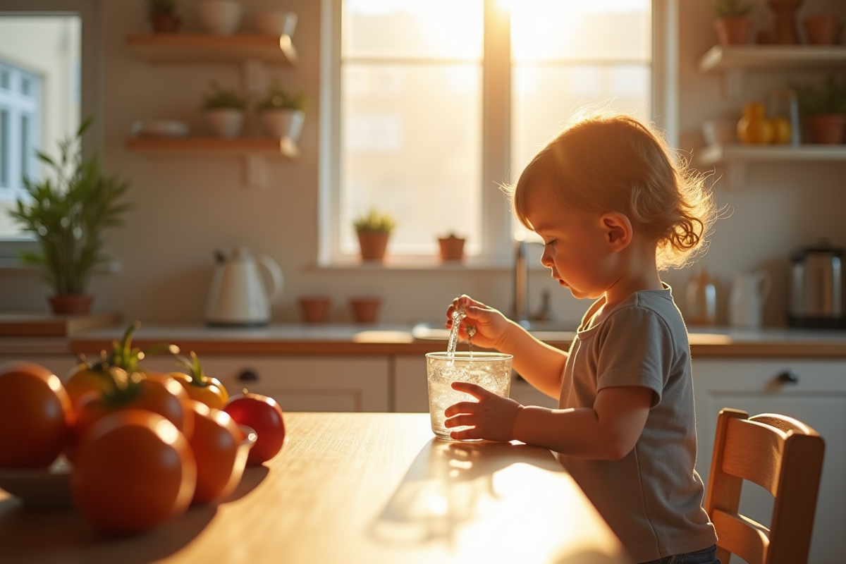 Jeune enfant versée de l'eau dans un bol lumineux